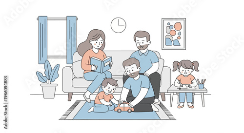 Family sitting on living room floor.