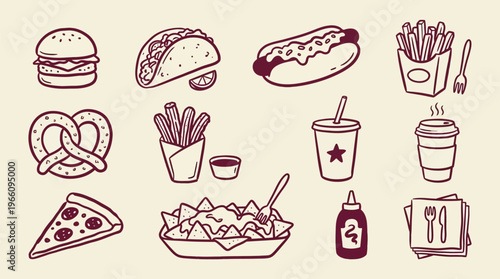 Fast Food Icons Set with Burger, Fries, Pizza and and Drinks
