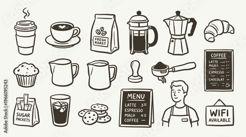 Coffee Shop Icons Collection with Barista and Menu