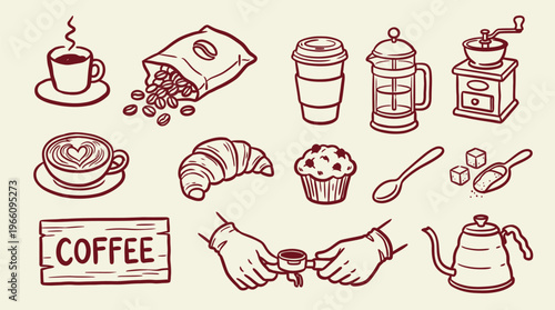 Coffee Shop Elements Hand Drawn Sketch Isolated on Beige Background