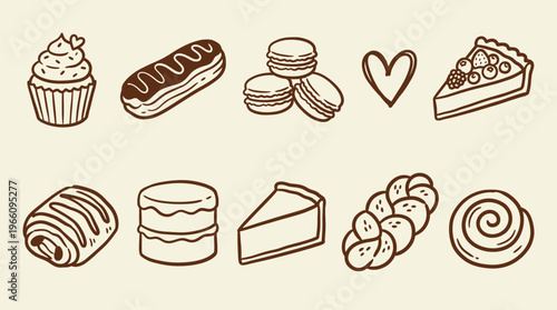 Hand Drawn Bakery Pastries Collection Isolated on Cream Background