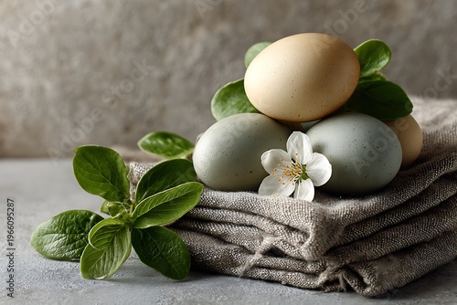 A serene Easter still life featuring natural eggs, delicate blossoms, and fresh green leaves on soft linen.
