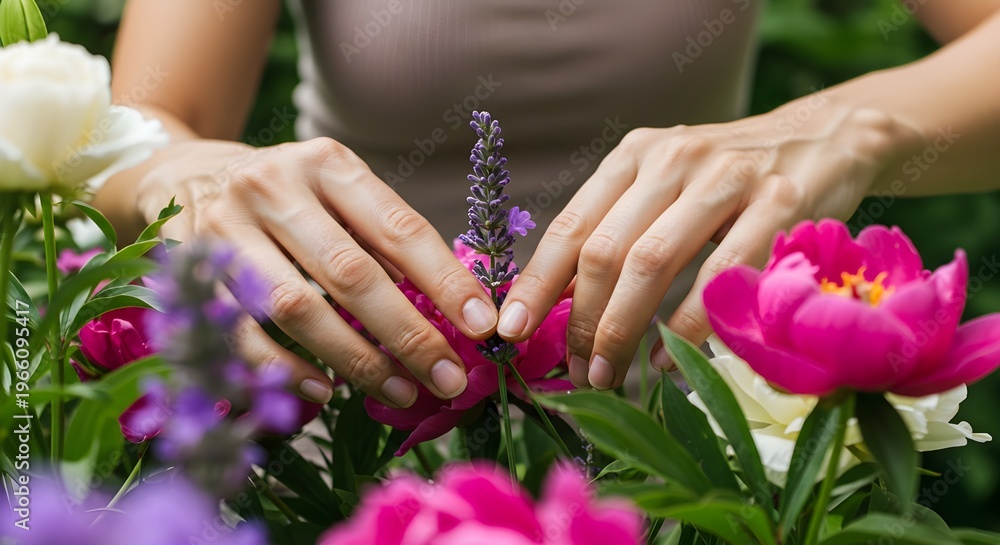 Fototapeta premium Woman gardening in a colorful backyard, planting flowers and caring for plants. Concept of nature, relaxation, and sustainable outdoor activity.