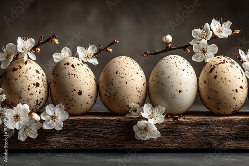 A rustic still life featuring speckled Easter eggs adorned with delicate white spring blossoms on a weathered wooden board.
