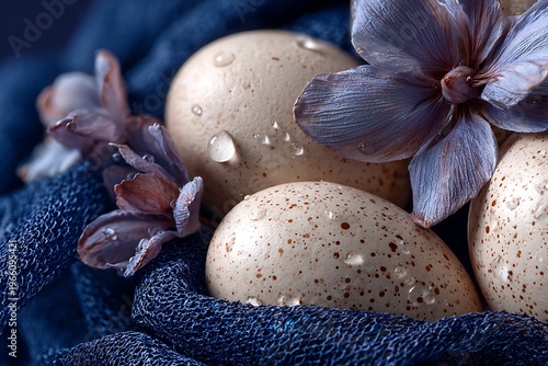 A serene still life featuring speckled eggs adorned with delicate flowers and water droplets on a textured blue fabric.