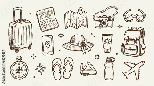 Travel Essentials Collection Isolated on Beige Background