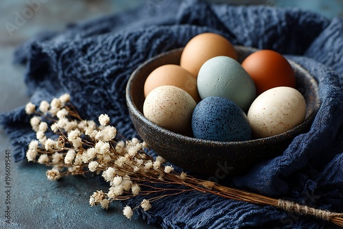 A rustic bowl filled with colorful Easter eggs, adorned with delicate white flowers on a textured blue surface.