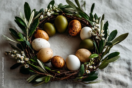 A rustic Easter wreath adorned with speckled eggs, olive branches, and delicate white flowers, creating a natural and festive centerpiece.