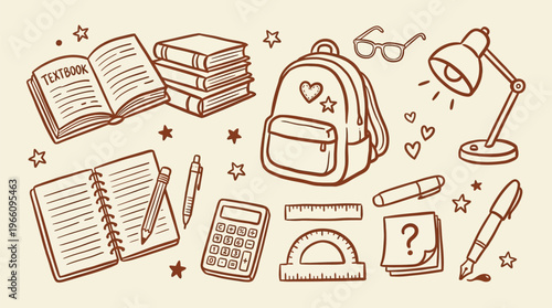 School Supplies Collection Backpack Books Desk Lamp Calculator Ruler Protractor Glasses Notebook Pen