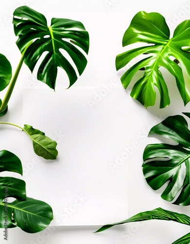 Colorful flowers and several large monstera leaves frame a blank space on a white surface. This setup is designed for an artistic presentation Generative AI