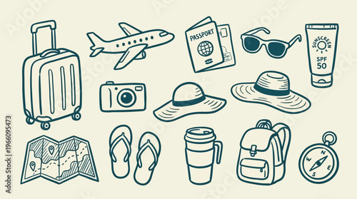 Travel Essentials Collection Airplane Suitcase Passport Sunglasses Sunscreen Hat Backpack Compass Map Flip Flops Camera Coffee Cup