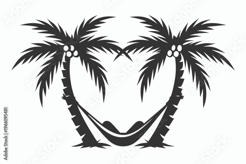 Black and white silhouette of a hammock tied between two palm trees on a tropical beach