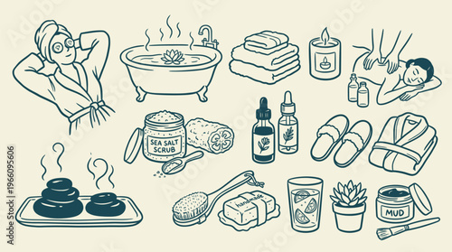 Spa and Wellness Collection - Woman Relaxing in Bathtub, Hot Stones, Massage and Skincare