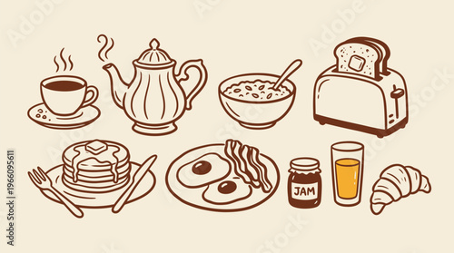 Breakfast Food Collection Toasted Bread Coffee Tea Pancakes Eggs Bacon Jam Juice Croissant