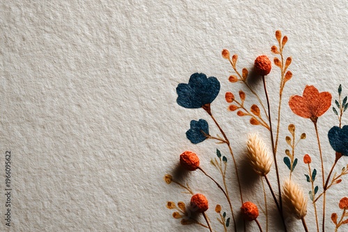 A delicate floral arrangement featuring dried blue and orange flowers on a textured beige background, creating an elegant and artistic composition.
