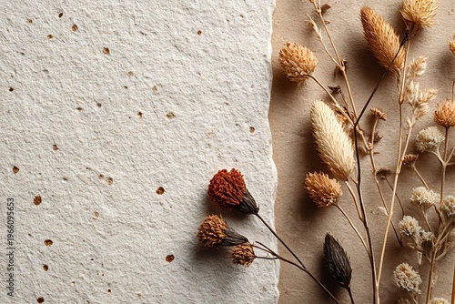 A rustic and elegant still life featuring dried flowers and textured paper in warm, neutral tones, creating a calm and peaceful atmosphere.