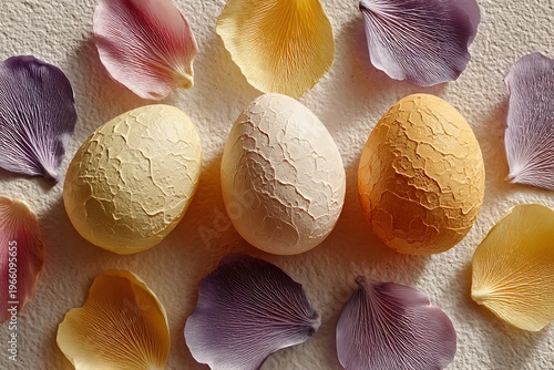 A vibrant Easter still life featuring cracked eggs surrounded by colorful mushroom gills and petals on a textured background.