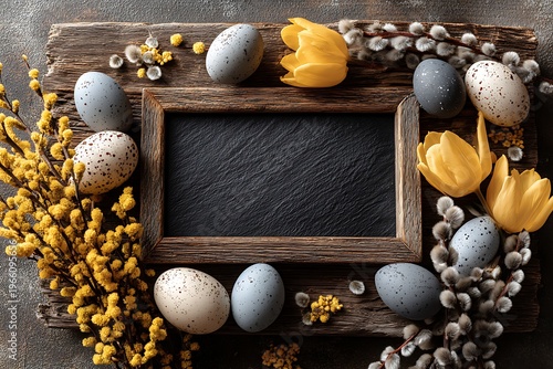 A rustic Easter still life featuring speckled eggs, yellow tulips, and pussy willow arranged around a wooden frame.