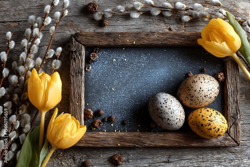 A rustic Easter still life featuring speckled eggs, yellow tulips, and pussy willow branches arranged around a wooden frame.