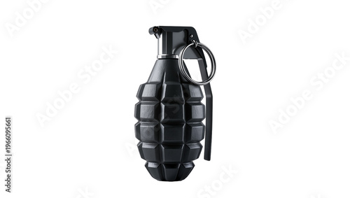 Картината върху платно Black military fragmentation hand grenade with metallic pin, isolated on transpa