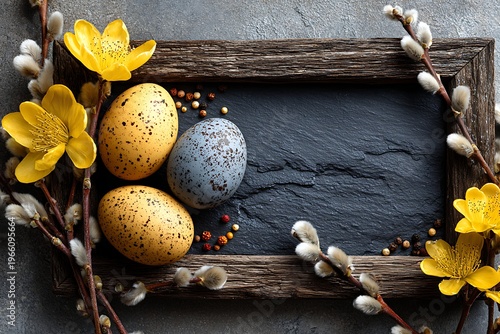 A rustic Easter still life featuring speckled eggs, yellow flowers, and pussy willow branches arranged within a wooden frame.