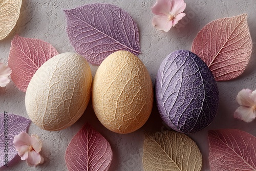 A delicate Easter still life featuring pastel-colored eggs and translucent leaves, creating an elegant and artistic composition.
