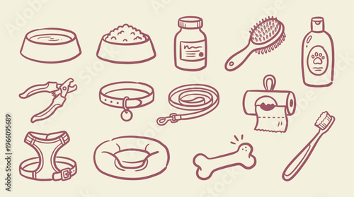 Dog Pet Care Supplies Collection Isolated on Beige Background