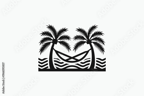 Relaxing hammock and palm tree silhouette icon for travel and holiday branding