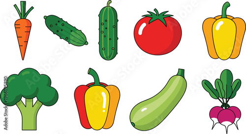 Fresh Vegetables Icons Set Featuring Carrot, Cucumber, Tomato, Bell Pepper, Broccoli, Zucchini, and Radish for Healthy Eating, Cooking, and Farm-to-Table Designs