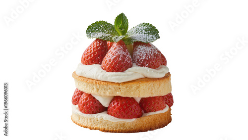 Photography Delicious layered strawberry shortcake dessert with fresh cream and mint leaves,