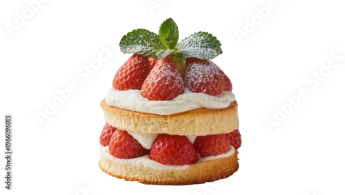 Obraz  z motywem Delicious layered strawberry shortcake dessert with fresh cream and mint leaves, isolated on transparent background for sweet menus