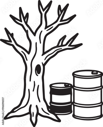 A stark tree stands as a symbol of environmental damage, with oil drums.