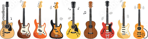 Guitar Set Featuring Acoustic, Electric, and Bass Guitars with Musical Notes for Music and Instrument Design Illustrations