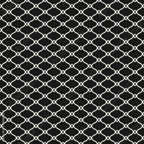 Black and white curved grid pattern. Minimal vector seamless texture with mesh, net, lattice, fishnet. Monochrome dark ornament. Simple elegant geometric background. Repeat design for print, textile