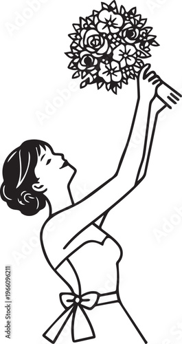 A bride joyfully tosses a delicate bouquet into the air during a wedding celebration, captured in elegant line art.
