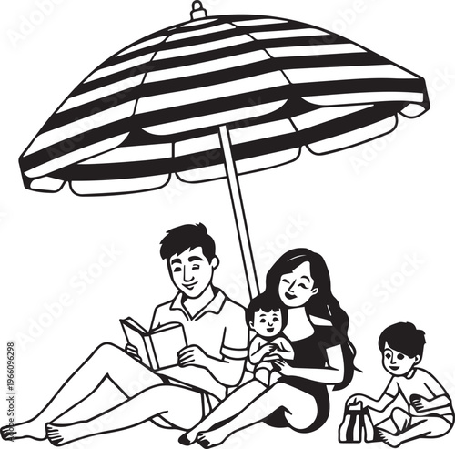 Family beach day, lounging under umbrella, enjoying book and toys. 