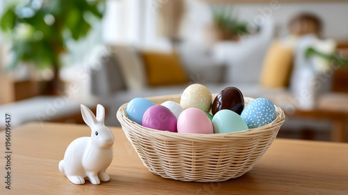 Easter eggs in basket with small bunny figurine on wooden table in cozy home interior creating festive spring holiday decoration concept