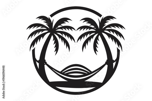 Tropical beach palm tree silhouette with a hanging hammock vector illustration