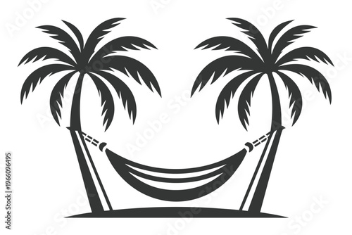 Peaceful island scene silhouette of a hammock between two palm trees