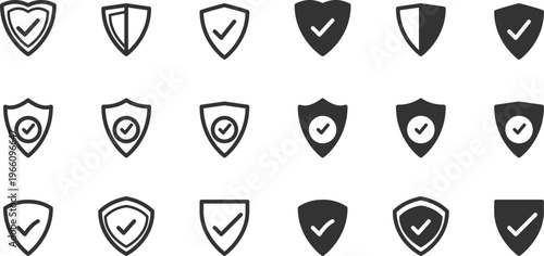 Minimalist shield icon set with checkmarks, 18 security vector elements, black line and solid protection symbols for web interface and data safety