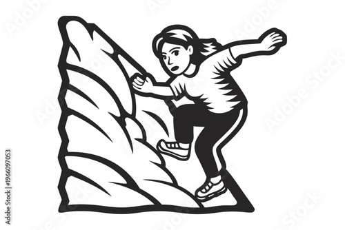 Silhouette of a rock climber ascending a mountain cliff in black and white style