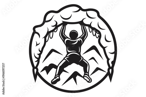 Black and white silhouette of a person climbing an incline, symbol of success and mountain hiking achievement