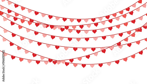 Red and pink heart shape strings bunting garland for valentines day romance wedding celebration vector illustration