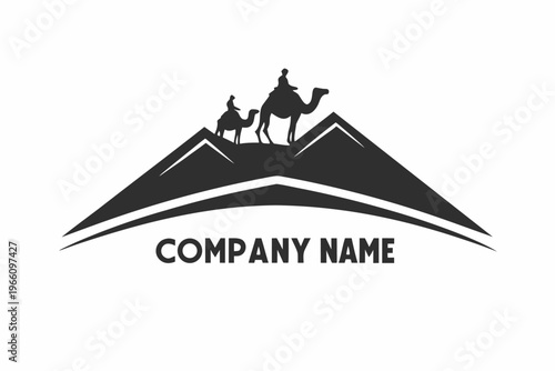 Black and white silhouette of a person riding a camel, desert adventure and safari tourism illustration