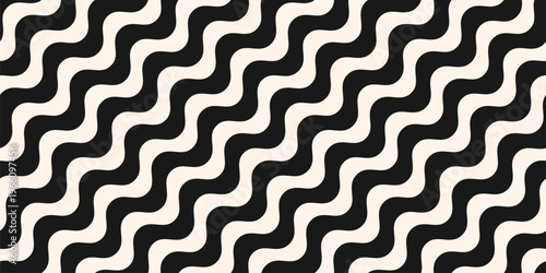 Simple black and white diagonal wavy lines pattern. Vector seamless texture with thick diagonal waves, curvy stripes. Simple abstract minimal background, optical illusion effect. Repeating geo design