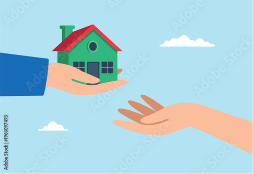 Flat illustration of father hand give house model to child symbolizing inheritance.