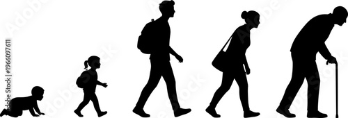 Silhouettes showing human life stages from baby to elderly, growth and aging progression, lifestyle illustration, family concept, generational timeline design