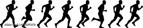 Running silhouettes sequence showing human stride cycle, athletic motion stages, fitness training illustration, sports biomechanics concept, exercise activity, dynamic movement lifestyle design