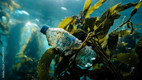 Plastic bottle floating in ocean water. Environment and pollution concept.