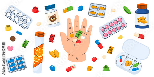 Medical pills and vitamins collection. Cute set with various capsules and tablets, gummy vitamins, blister pack, pharmacy bottles and pill organizer. Flat vector illustration.